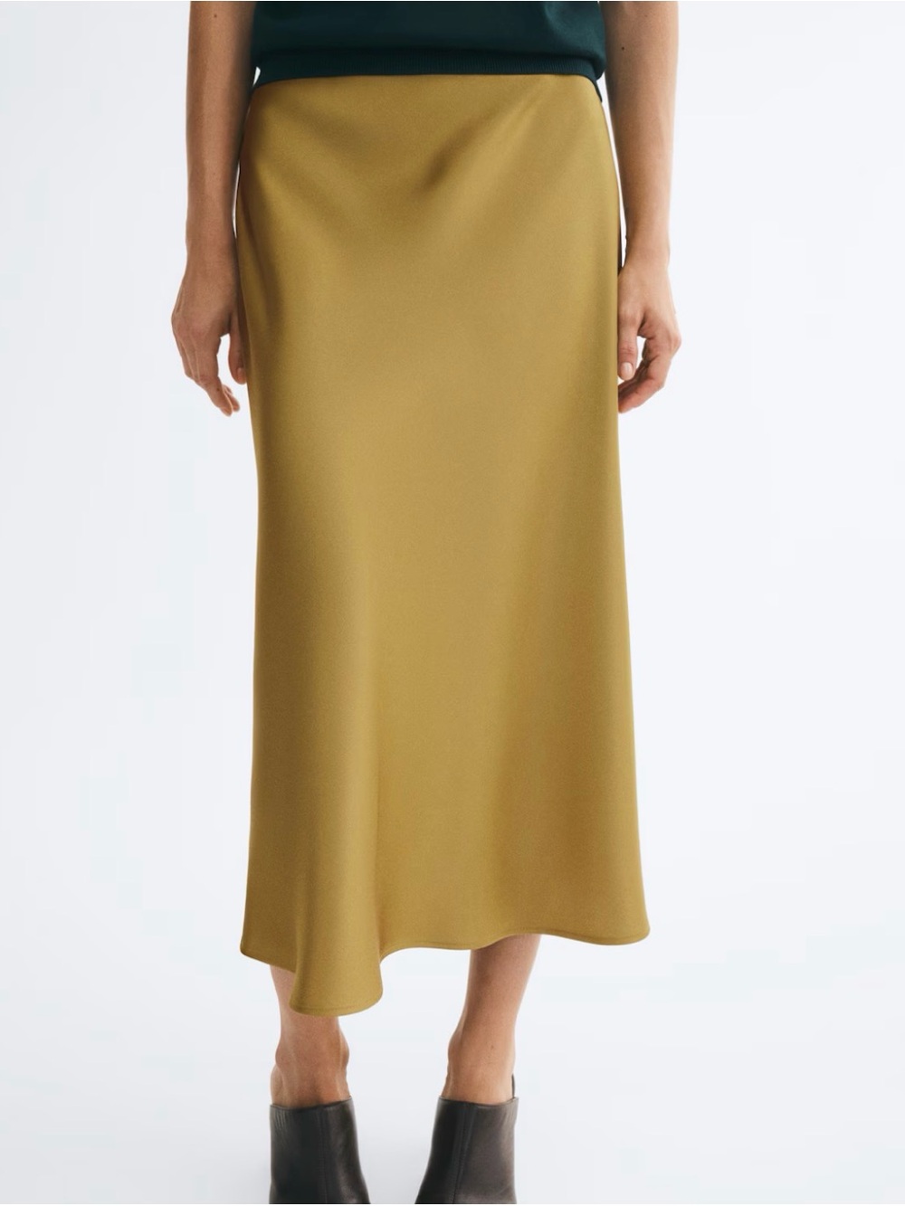 H&M Satin Midi Slip Skirt in Olive Green / mustard